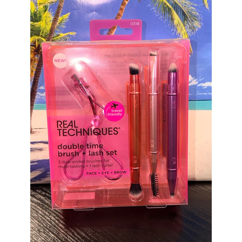 Real Techniques Double Time Brush + Lash Set 3 Dual-Ended Brushes Eyelash Curler